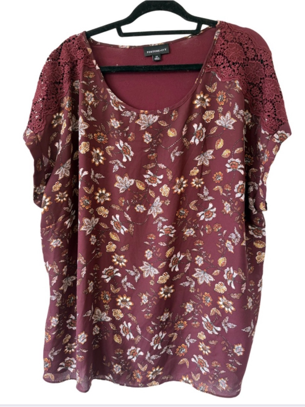 Fortune+Love Maroon Floral Lace Shoulder Blouse
